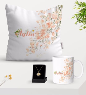 BK Gift Kişiye Özel Papatya Temalı Yastık Kupa Ve Papatya Kolye Hediye Seti-2 (Model 1)