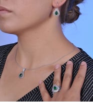 Zümrüt Taşlı Oksitli Telkari Bayan Gümüş Üçlü Set