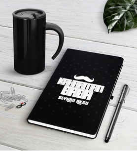 BK Gift Kişiye Özel Kahraman Baba Siyah Defter Kalem Termos Mug Seti (Model 1)