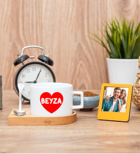 İsim Yazılı Kırmızı Kalpli Fincan ve Turuncu Mini Fotoğraf Çerçevesi