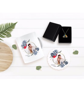 BK Gift Kişiye Özel Sevgililer Günü Temalı İsimli Fotoğraflı Kupa Bardak Altlığı ve Çift Harfli Bulut Kolye Seti-34 (Model 1)