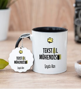 Tekstil Mühendisi Siyah Kupa Bardak Ve Anahtarlık Set