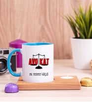 Avukat Ahşap Altlıklı Mumlu Mavi Kupa Bardak