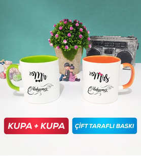 İkili Çiftlere Özel Mr Mrs Sevgiliye Hediye Kupa Bardak Yeşil Turuncu