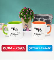 İkili Çiftlere Özel Mr Mrs Sevgiliye Hediye Kupa Bardak Yeşil Turuncu