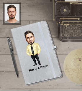 Kişiye Özel İş Adamı Karikatürlü Gri Defter Kalem Hediye Seti  Bay-23