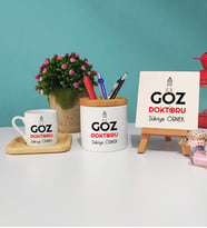 Göz Doktoru Ahşap Altlıklı Türk Kahvesi Fincanı Kalemlik Dekoratif Taş Baskı Seti