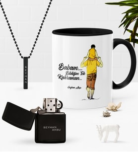 BK Gift Kişiye Özel Babam Bildiğim Tek Kahraman Siyah Kupa Benzinli Çakmak Kolye Seti (Model 1)