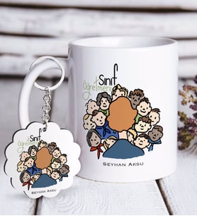 BK Gift Kişiye Özel Sınıf Öğretmeni Beyaz Kupa ve Anahtarlık Hediye Seti-3 (Model 1)