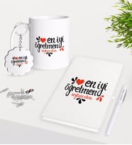 BK Gift Kişiye Özel En İyi Öğretmen Kupa Anahtarlık Beyaz Defter Kalem Hediye Seti-6 (Model 1)