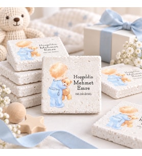 30 Adet Kişiye Özel Baskılı Doğal Taş Magnet 5x5cm Doğum Günü, Hoşgeldin Bebek (Beyaz)
