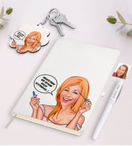 BK Gift Kişiye Özel Kadın Kolay Yetişmiyor Karikatürlü Beyaz Defter Kalem ve Anahtarlık Hediye Seti-7 (Model 1)