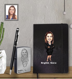 Kişiye Özel Öğretmen Karikatürlü  Siyah Defter Kalem Çakmak Hediye Seti  Bayan-15 (Model 1)