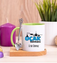 Uçak Mühendisi Ahşap Altlıklı Yeşil Kupa Bardak