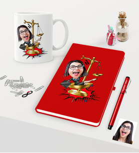 BK Gift Kişiye Özel Bayan Avukat Karikatürlü Kırmızı Defter Kalem Kupa Seti - 4 (Model 1)
