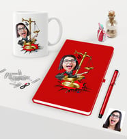 BK Gift Kişiye Özel Bayan Avukat Karikatürlü Kırmızı Defter Kalem Kupa Seti - 4 (Model 1)