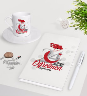 BK Gift Kişiye Özel Bugün Günlerden Öğretmen Beyaz Defter Kalem Türk Kahvesi Fincanı Seti-2 (Model 1)
