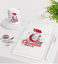 BK Gift Kişiye Özel Bugün Günlerden Öğretmen Beyaz Defter Kalem Türk Kahvesi Fincanı Seti-2 (Model 1)