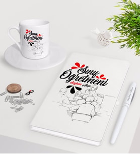 BK Gift Kişiye Özel Sınıf Öğretmeni Beyaz Defter Kalem Türk Kahvesi Fincanı Seti-10 (Model 1)