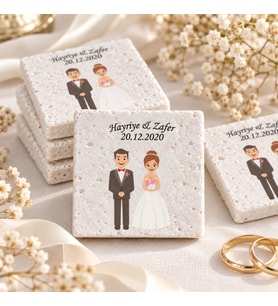 Kişiye Özel Doğal Taş İsimli Ve Tarihli Nikah Şekeri Magnet 5x5cm 30 Adet
