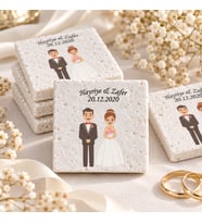 Kişiye Özel Doğal Taş İsimli Ve Tarihli Nikah Şekeri Magnet 5x5cm 30 Adet