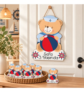 Kişiye Özel Bebek Kapı Süsü Ve 50 Adet Magnet Seti Kaptan Ayı