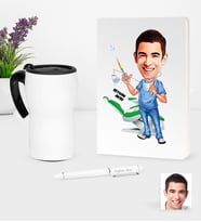 BK Gift Kişiye Özel Bay Diş Hekimi Karikatürlü Beyaz Defter Kalem ve Termos Mug Seti - 4 (Model 1)