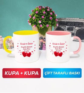 İkili Sevgiliye Sevgililer Günü Hediyesi 6 Kupa Bardak Sarı Pembe