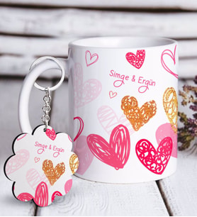 BK Gift Kişiye Özel Sevgililer Günü Beyaz Kupa ve Anahtarlık Hediye Seti-50 (Model 1)