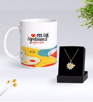 BK Gift Kişiye Özel En İyi Öğretmen Kupa Ve Papatya Kolye Hediye Seti-4 (Model 1)