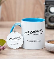 Atatürk İmzalı Mavi Kupa Bardak Ve Anahtarlık Set