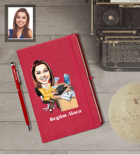 Kişiye Özel Patron Karikatürlü  Kırmızı Defter Kalem Hediye Seti Bayan-8