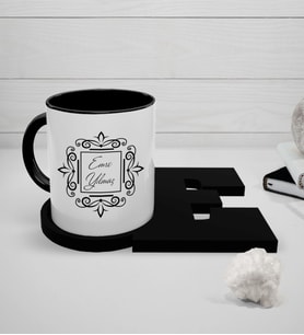 BK Gift Kişiye Özel Siyah Kupa ve Harfli Siyah Bardak Altlığı Seti