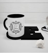 BK Gift Kişiye Özel Siyah Kupa ve Harfli Siyah Bardak Altlığı Seti