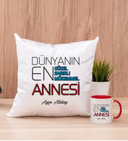 Dünyanın En İyi Annesi Kare Yastık ve Kırmızı Kupa Bardak