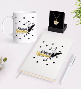 BK Gift Kişiye Özel Edebiyat Öğretmeni Beyaz Kupa Defter Kalem ve İsimli Papatya Kolye Hediye Seti-3 (Model 1)