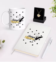 BK Gift Kişiye Özel Edebiyat Öğretmeni Beyaz Kupa Defter Kalem ve İsimli Papatya Kolye Hediye Seti-3 (Model 1)