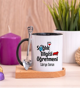 Sağlık Bilgisi Öğretmeni Ahşap Altlıklı Siyah Kupa Bardak