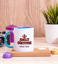 Adalet Öğretmeni Ahşap Altlıklı Mumlu Mavi Kupa Bardak