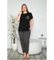 MyBen Büyük Beden Bisiklet Yaka Puantiye Desenli Kısa Kollu Battal Beden Pijama Takımı 16134