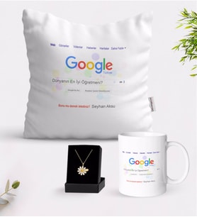BK Gift Kişiye Özel Google Dünyanın En İyi Öğretmeni Beyaz Kupa Yastık ve İsimli Papatya Kolye Hediye Seti (Model 1)