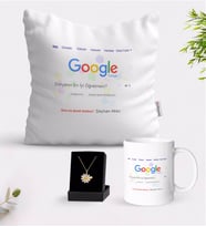 BK Gift Kişiye Özel Google Dünyanın En İyi Öğretmeni Beyaz Kupa Yastık ve İsimli Papatya Kolye Hediye Seti (Model 1)