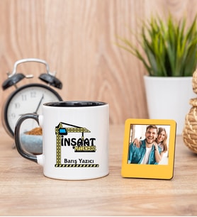 İnşaat Mühendisi Siyah Kupa Bardak ve Sarı Mini Fotoğraf Çerçevesi