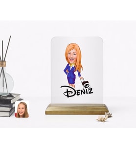 BK Gift Kişiye Özel Hostes Karikatürlü Ahşap Standlı Çerçeve-2 (Beyaz)