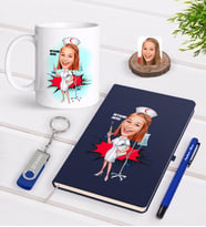 BK Gift Kişiye Özel Hemşire Karikatürlü Lacivert Defter Kalem Kupa 32gb USB Bellek Hediye Seti-2 (Model 1)