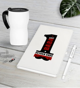 BK Gift Kişiye Özel 1. Sınıf Baba Beyaz Defter Kalem Termos Mug Seti (Model 1)