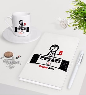 BK Gift Kişiye Özel Eczacı Beyaz Defter Kalem Türk Kahvesi Fincanı Seti-5 (Model 1)