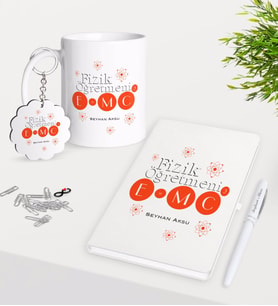 BK Gift Kişiye Özel Fizik Öğretmeni Kupa Anahtarlık Beyaz Defter Kalem Hediye Seti-2 (Model 1)