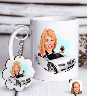 BK Gift Kişiye Özel Bayan Patron Karikatürlü Beyaz Kupa ve Anahtarlık Hediye Seti-3 (Model 1)