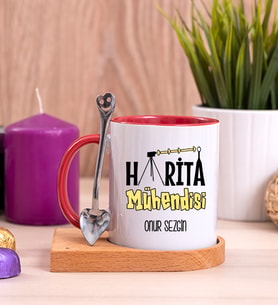 Harita Mühendisi Ahşap Altlıklı Kırmızı Kupa Bardak